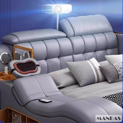 MANBAS Luxury King Size Genuine Leather Bed / Tech Smart Bed / Multifunctional Ultimate Beds / Massage Bed with USB,Projecter