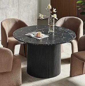 Round Dining Table for 4, Modern Farmhouse Kitchen Table, 47 Inch Small Circle Dining Tables, Walnut Wood Veneer Tabletop with W