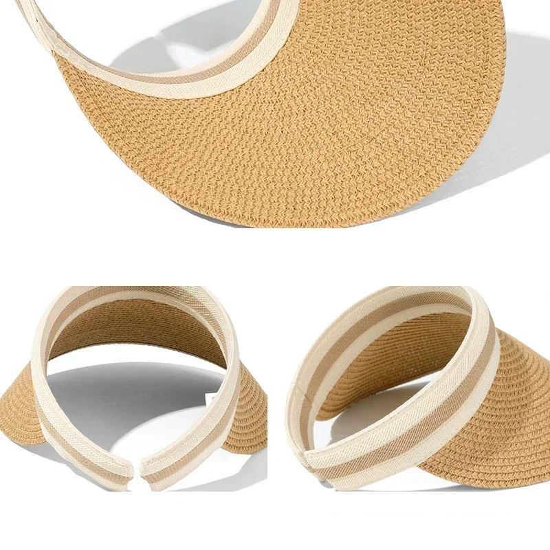 2025 New Summer Outdoor Visor Cap Casual Shade Hat Straw Wide Empty Top Sun Hat Anti Uv Female Large Brim Beach Sunhat Lady