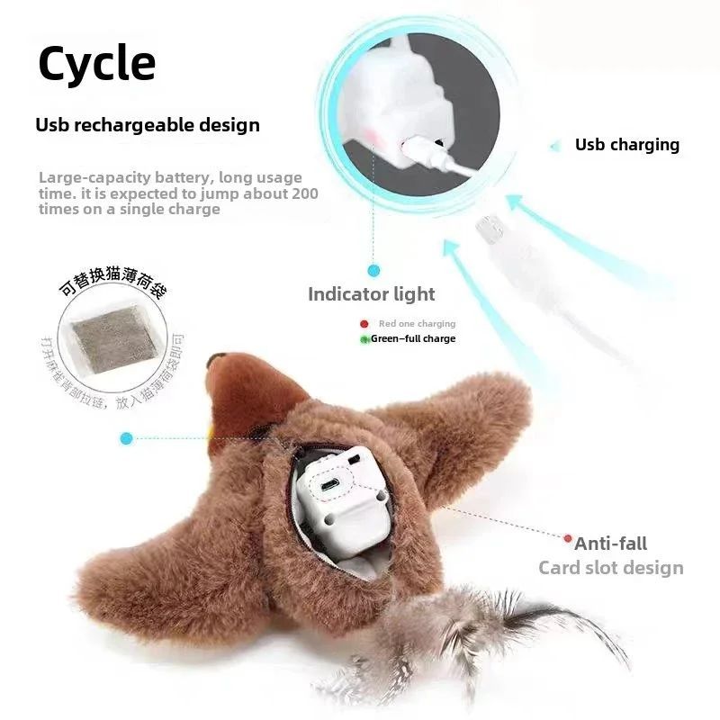Brinquedo Interativo Hot Cat Catnip Elétrico Pássaro (com Catnip) Cães Gatos Brinquedo de Pelúcia Ranger Ativado por Toque USB Recarregável para Pets