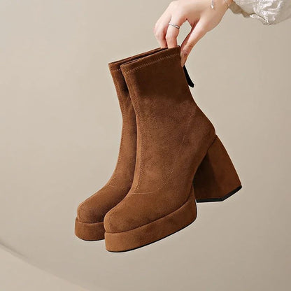 2024 Women's Fashion High-heeled Boots Winter New British Style Soft Sole Anti-slippery  Versatile Keep Warm Leather Shoes
