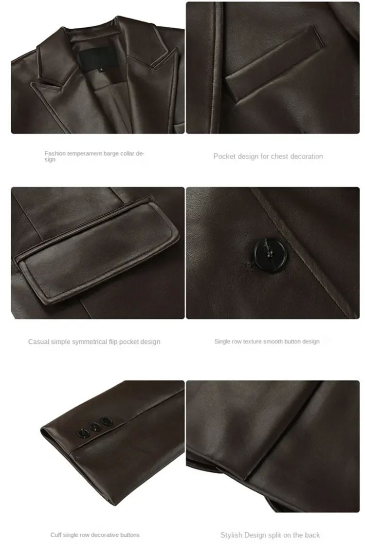 2025Brown /black soft PU leather  women jacket motorcycle long sleeve single breasted casual coat top for autumn high Streetwear