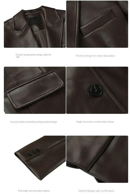 2025Brown /black soft PU leather  women jacket motorcycle long sleeve single breasted casual coat top for autumn high Streetwear