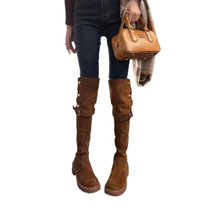 Over The Knee Cowboy Boots Women  Designer Winter Platform Shoes Fashion Fur Suede Wedges Thigh High Boots Motorcycle Shoes 2024