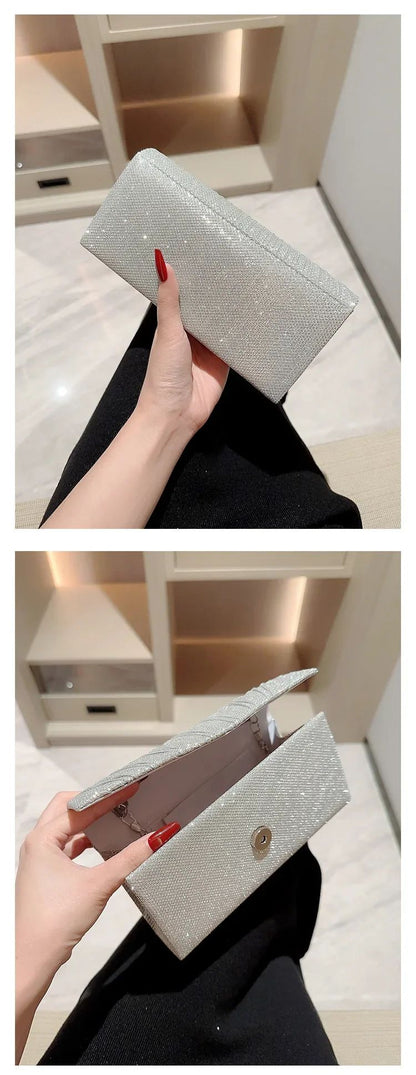 Wedding Party Handbag Ladies Glitter Silver Clutch Bag Envelope Evening Bag Fashion Elegant Long Purse Women Chain Shoulder Bags