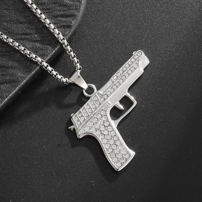 Pingente de Pistola com Gelo Cravejado Bling Colar de Metralhadora Masculino Personalidade Hip Hop Rock Punk Joia Legal para Festa de Rua Presente