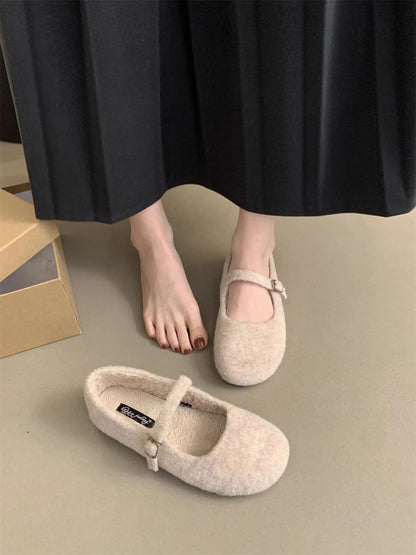 Fashion Square Toe Fleece Flet Ballet Flats Woman Winter Warm Wool Mary Jane Shoes Ladies Brand Design Elegant Plush Loafers
