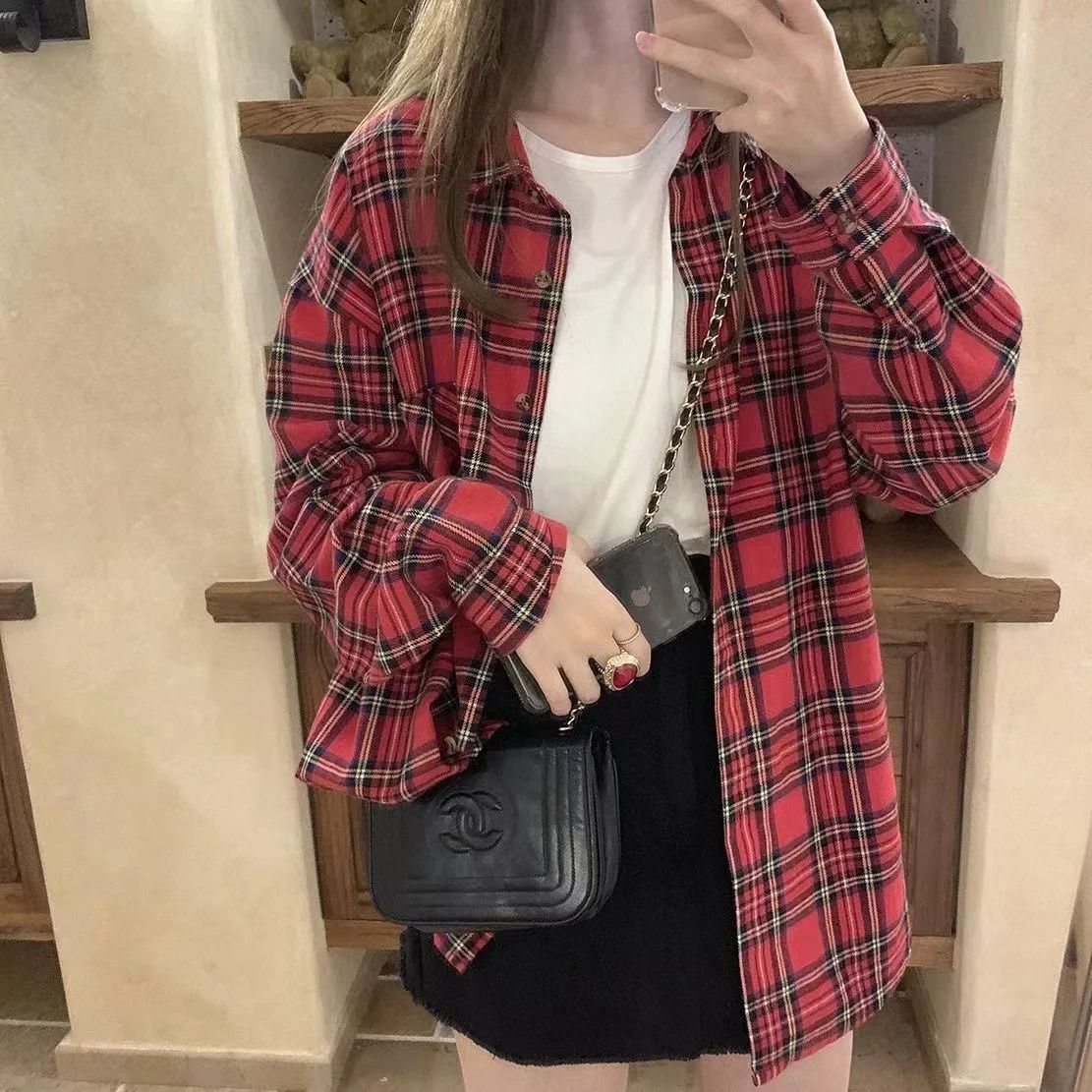 Scottish Red Plaid Shirt Luxury Hong Kong Style Vintage Loose Fit Women's Button up Shirt Polo Collar Full Sleeve Slim Fit