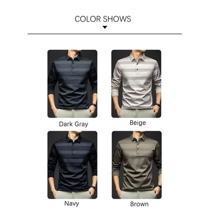 BROWON Elegant Mens Polo Shirts 2025 Spring Autumn Long Sleeve Lapel Collar Big Striped Pattern T-shirt Male New in Tops & Tees
