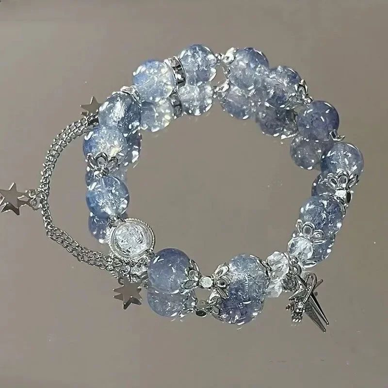 Pulseira Feminina Niche Design Star Chain Tassel com Contas de Cristal Azul Fantasia e Corda Elástica, Presentes de Joias para Melhores Amigas