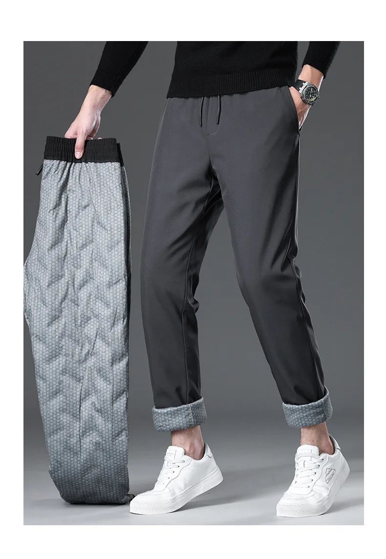 Calça Masculina de Inverno de Pena de Ganso Cintura Elástica Roupa Externa Calça de Pena Casual À Prova de Frio Nova Calça Reta Quente e Engrossada de Inverno