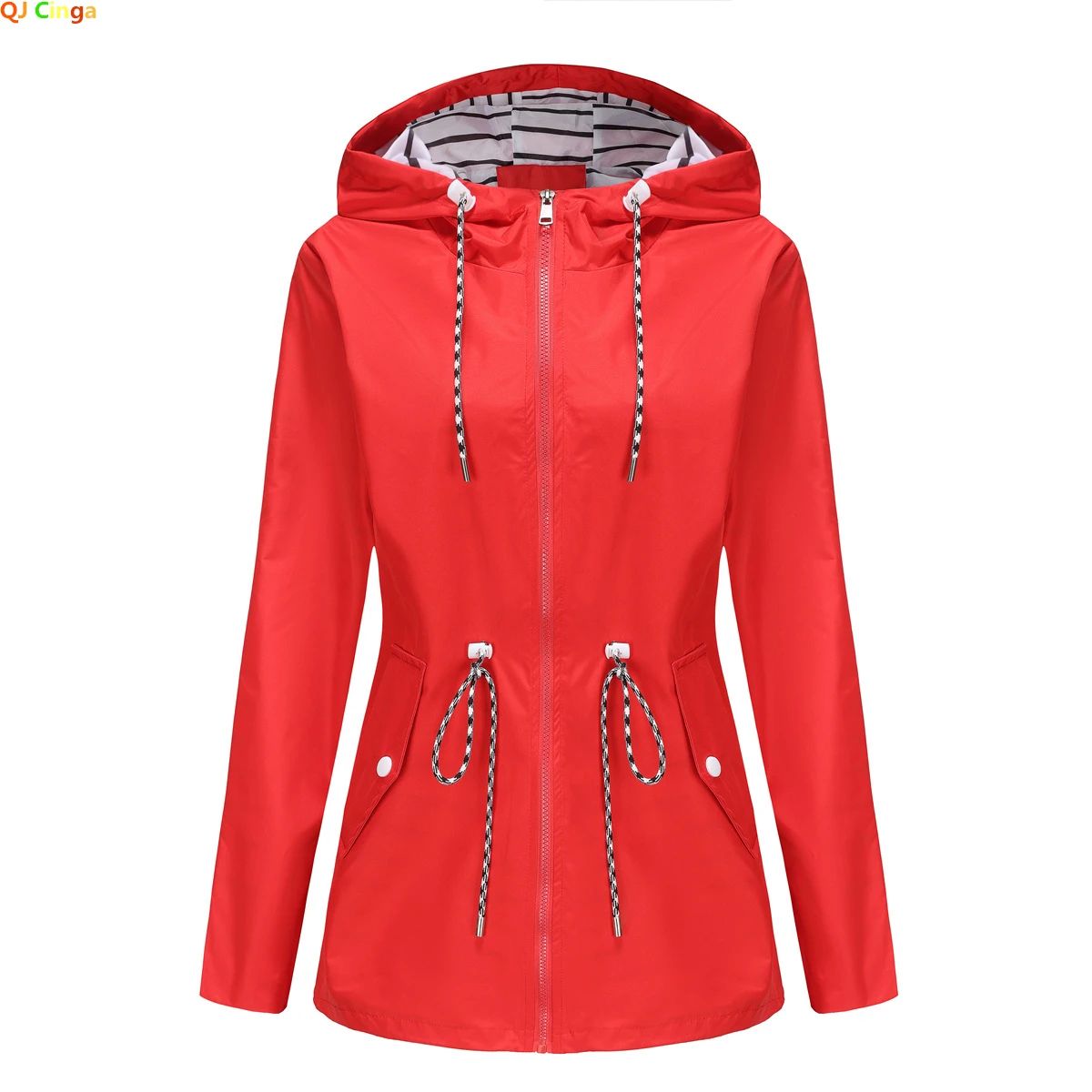 Blue Waterproof Hooded Jacket Women Fashion Casual Coat Waist Drawstring Tie Zipper Switch Red Green Yellow Black Windbreaker