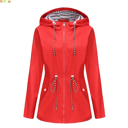 Blue Waterproof Hooded Jacket Women Fashion Casual Coat Waist Drawstring Tie Zipper Switch Red Green Yellow Black Windbreaker