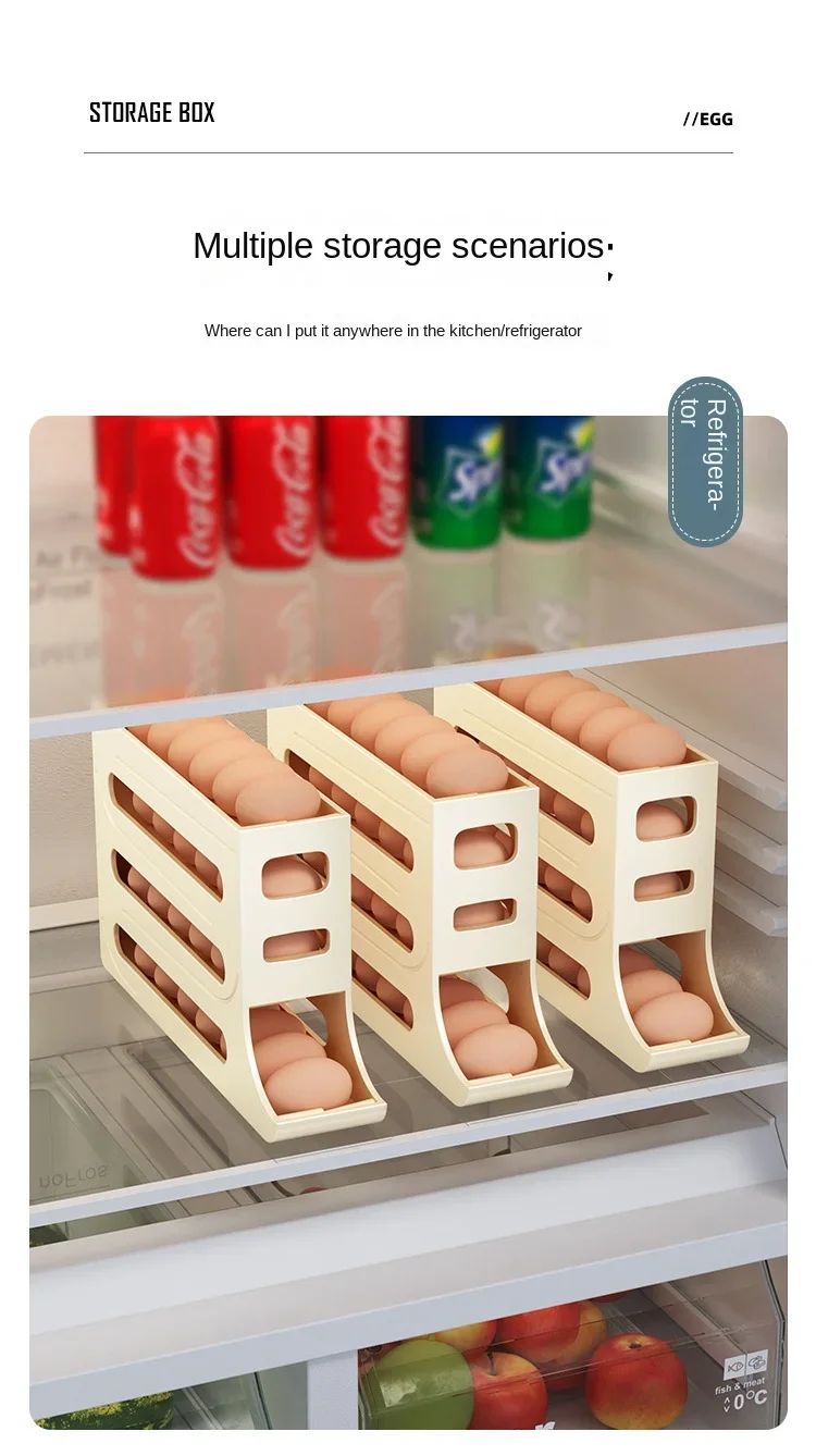 Refrigerator egg storage box, 4 layers, automatic rolling egg rack, kitchen refrigerator egg dispenser, refrigerator storage box