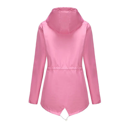 Blue Waterproof Hooded Jacket Women Fashion Casual Coat Waist Drawstring Tie Zipper Switch Red Green Yellow Black Windbreaker