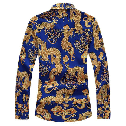 Thin Black Men's Long-sleeved Printed Shirt, Chinese Dragon Print Decoration, Blue Single-breasted Lapel Shirts,Asian Size M-7XL