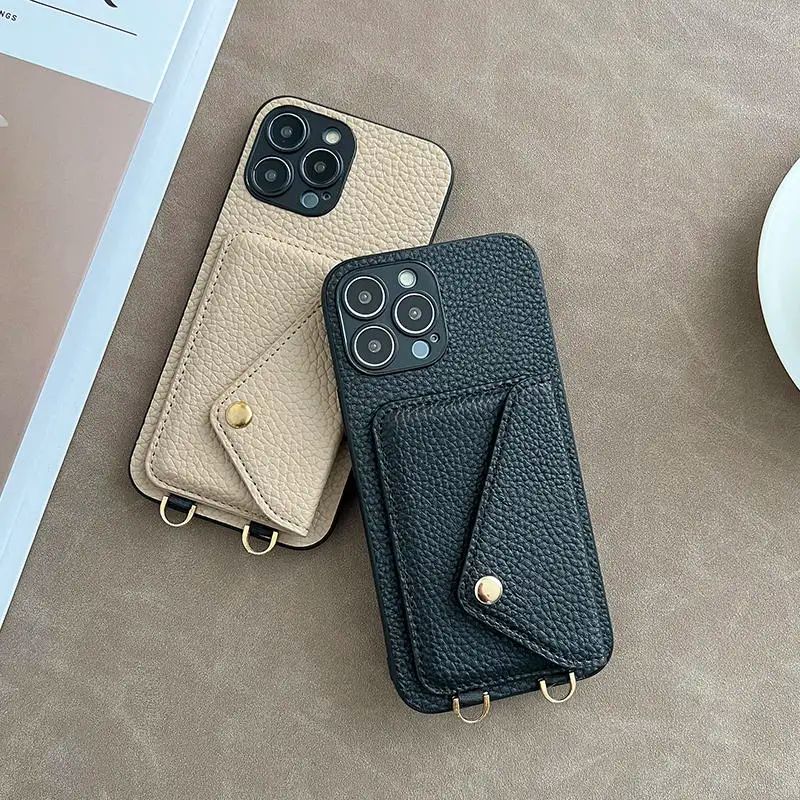 Capa de Couro com Alça Transversal e Suporte de Cartão para iPhone 17 Air 16 15 Plus 14 13 12 11 Pro Max