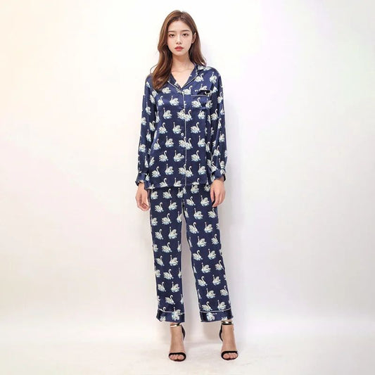 Printed Pure Silk Long Sleeve Pajamas Button Down 100% Mulberry Silk Pijamas Suit Women's Homewear Sleepwear 2 Piece Pajama Set