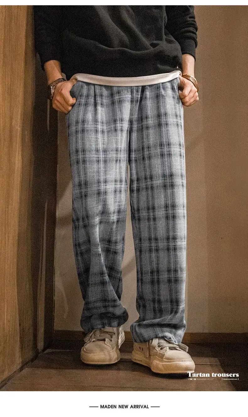 Maden Calça Cargo Xadrez Masculina Vintage Primavera Leve Caimento Solto Cintura com Cordão Calças Retas Casuais Perna Larga