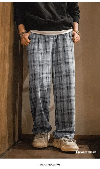 Maden Calça Cargo Xadrez Masculina Vintage Primavera Leve Caimento Solto Cintura com Cordão Calças Retas Casuais Perna Larga