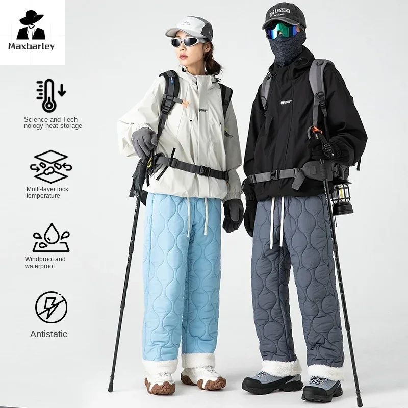Calça de Neve Masculina, Marca de Moda, Grossa, À Prova de Vento, Quente, Veludo de Cordeiro, Calça Feminina Casual, À Prova de Frio, Acolchoada com Algodão e Penugem