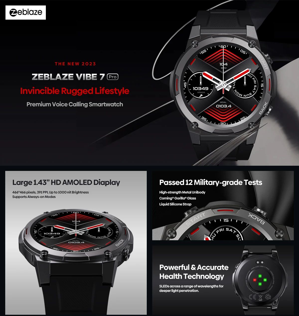 Zeblaze VIBE 7 PRO Smart Watch 1.43'' AMOLED Display Make/Receive Phone Calls Health Management Sports Smartwatch for Men