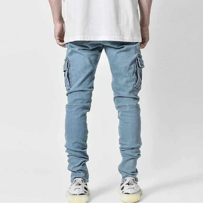 Calça Jeans Masculina Cargo Elástica Slim Fit Masculina Calça Jeans Cor Sólida Multi Bolsos Casual Skinny Calças Masculinas Roupa Masculina