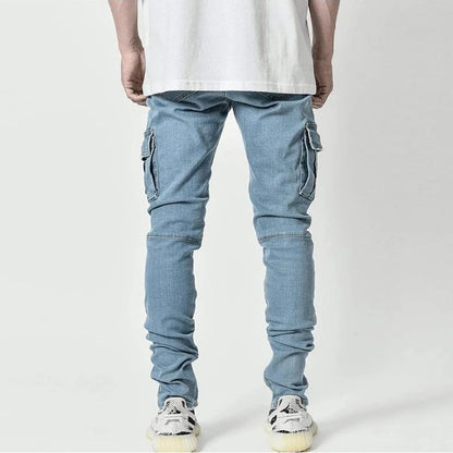 Calça Jeans Masculina Cargo Elástica Slim Fit Masculina Calça Jeans Cor Sólida Multi Bolsos Casual Skinny Calças Masculinas Roupa Masculina