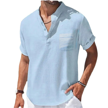 Hot selling Men's Cotton Linen Solid Color Short Sleeve Shirt Casual Summer Henley Collar Shirts Breathable Loose Beach T-Shirts
