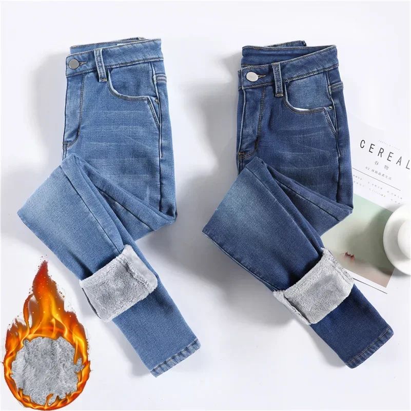 Winter Women Chic Fleece Thermal High Waist Jeans Lady Snow Warm Plush Denim Pants Girls Classic Fashion Straight Leg Trousers