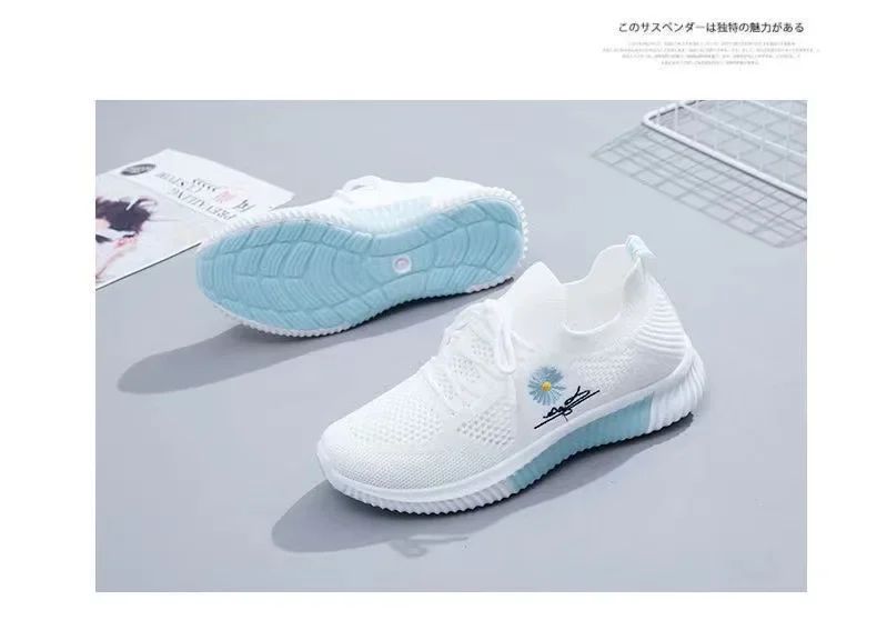 Spring and autumn seasonsLadies Knitted Sneakers Fashion Simple Lace-up Running Shoes Mesh Breathable Casual Female Students