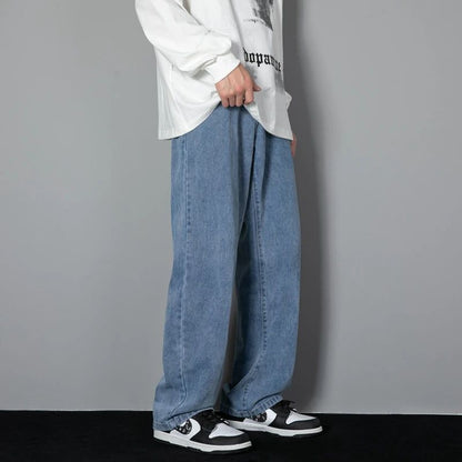 2025 Calças Jeans Casuais Masculinas Coreanas Novas Retas Longas Perna Larga Jeans Cor Sólida Azul Claro Cinza Preto