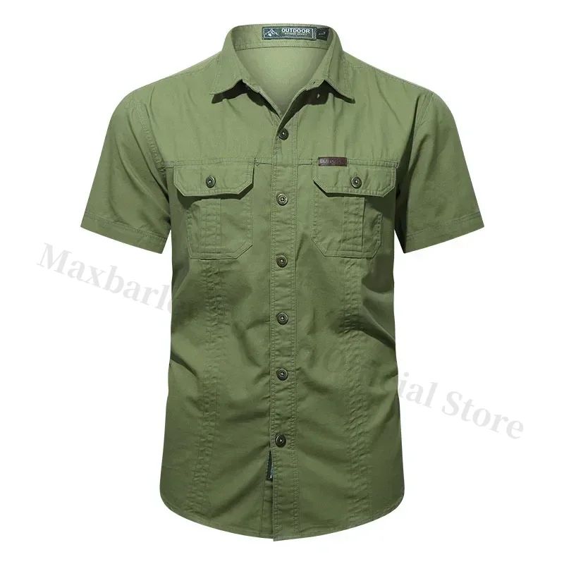 New Men's Work Shirt Casual Retro 100% Cotton Short Sleeve Flying Cargo Shirt Men's Summer Fishing Hunting Multi Pocket Shirt