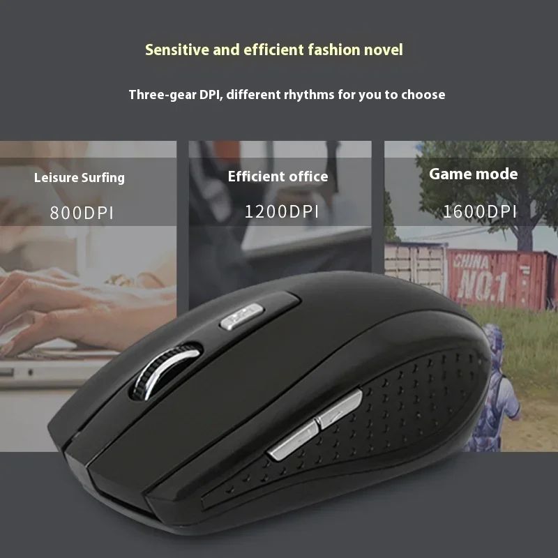 Mouse sem fio 2.4G, mouse óptico portátil de escritório alimentado por bateria, suporta níveis de DPI ajustáveis, adequado para notebooks.