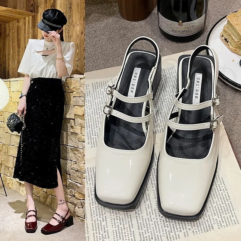 2024 Spring New Retro Small Leather Shoes Square Head Double Buckle Strap Mary Jane Thick Heels Sandals for Women