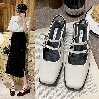 2024 Spring New Retro Small Leather Shoes Square Head Double Buckle Strap Mary Jane Thick Heels Sandals for Women