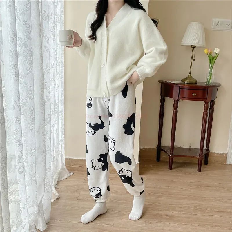 Christmas Sanrio Hello Kitty Pajamas Halloween Flannel Fashion Trouserswomen Kawaii Woolen Anime Cartoon Casual Home Pant Autumn