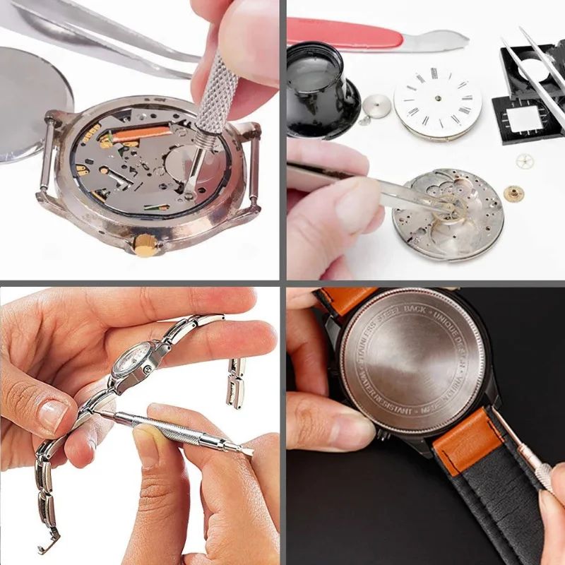 Kit de Ferramentas para Reparo de Relógios Removedor de Pinos de Pulseira Abridor de Caixa Removedor de Pinos de Mola Substituição de Bateria de Relógio Conjunto de Agulhas de Pulseira Acessórios