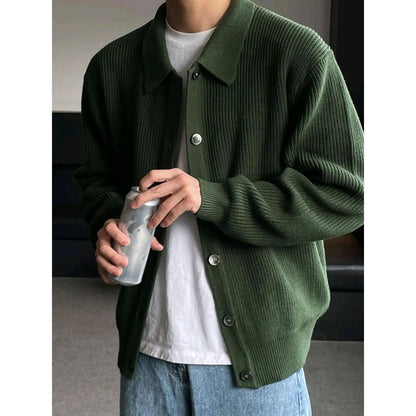 Early Autumn Casual Men's Knitted Cardigan Green Collar Open Front Sweater Trendy Korean Style Dongdaemun Fashion Streetwear