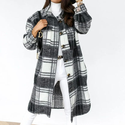Single Breasted Trench Coat Fashion Long Autumn Winter Women's Clothing Long Sleeve Woolen Plaid Overcoat Coat