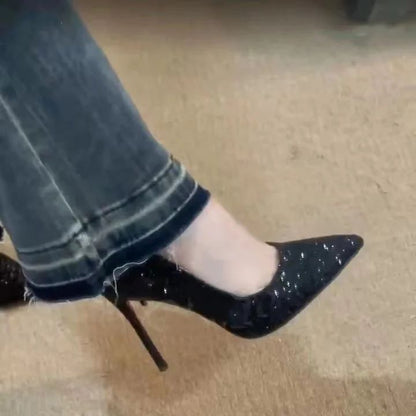 Fashion European Sexy Nightclub Slim High Heels Oversized Red Sole Women's Wedding Sequin Pointed Stiletto Heels Large Size 43