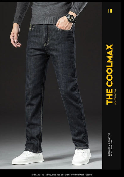 2025 New Classic  Men's Business Casual Velvet Jeans Winter Chinese Embroidery Straight Loose Warm Thick Pants