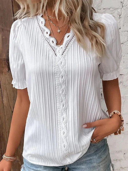 2025 Summer New Women's Blouse Top Solid Sexy V-Neck Hollow Short Sleeve Fashion Splice Plus Size Loose Street Apparel Shirt