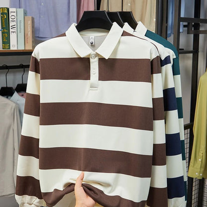 2025 Men's New Striped Long Sleeved Polo Shirt Casual Fashion Autumn Winter Versatile Top