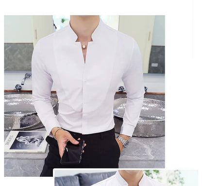 Black Men Long Sleeve Shirt, White Single Breasted Collar Stretch Shirts, Red Fashion Slim Top,Asian Size M-5XL(Korean Slim Fit)