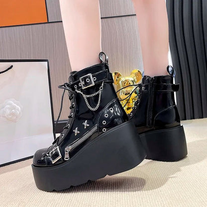 New Gothic Style Platform Vampire Cosplay Women Mid-calf Boots 2024 Winter Wedges Comfy Women Motorcycle Boots Shoes