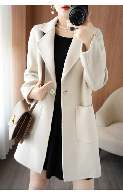 Ladies' Fashionable Woolen Coat Autumn Winter High End Medium Length Leisure Style Woolen Outerwear Pure Color Full Sleeve