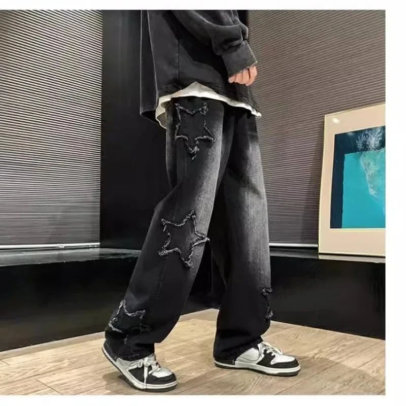 2025 Novas Estrelas da Moda Toalha Bordada Calças Jeans Marrons Masculinas Roupa Y2K Calças Retas Hip Hop de Algodão Pantalon Homme