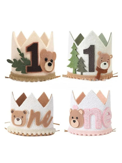Cartoon Bear One Year Old Crown Baby Jungle Safari 1st Birthday Pink Brown Bear Crown Boy Girl First Birthday Party Decor Hat