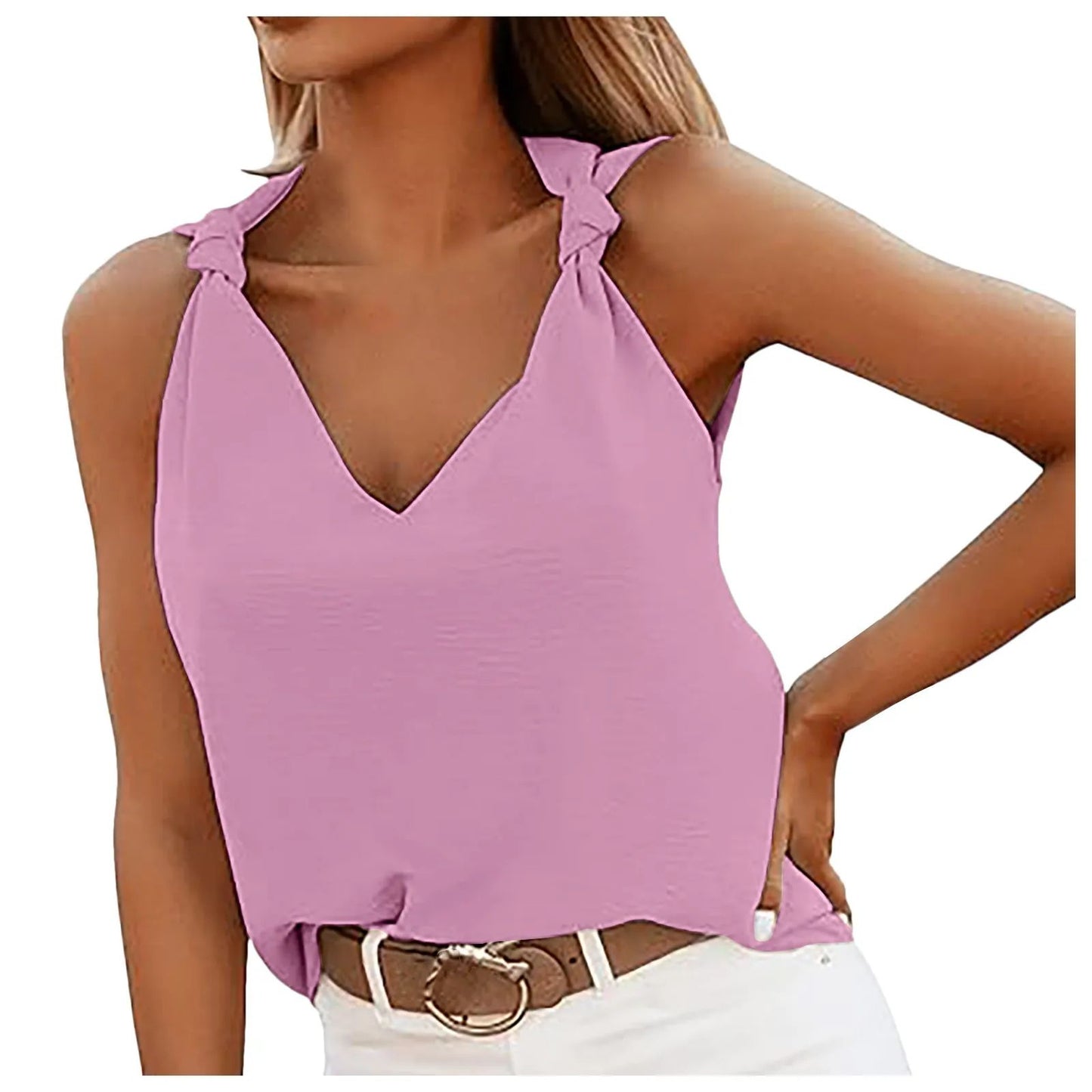 Active Tops for Women Women's Casual Fashion V Neck Knotted Tie Sleeveless Blouses Fashion Temperament Shirts Cute Sweet Top